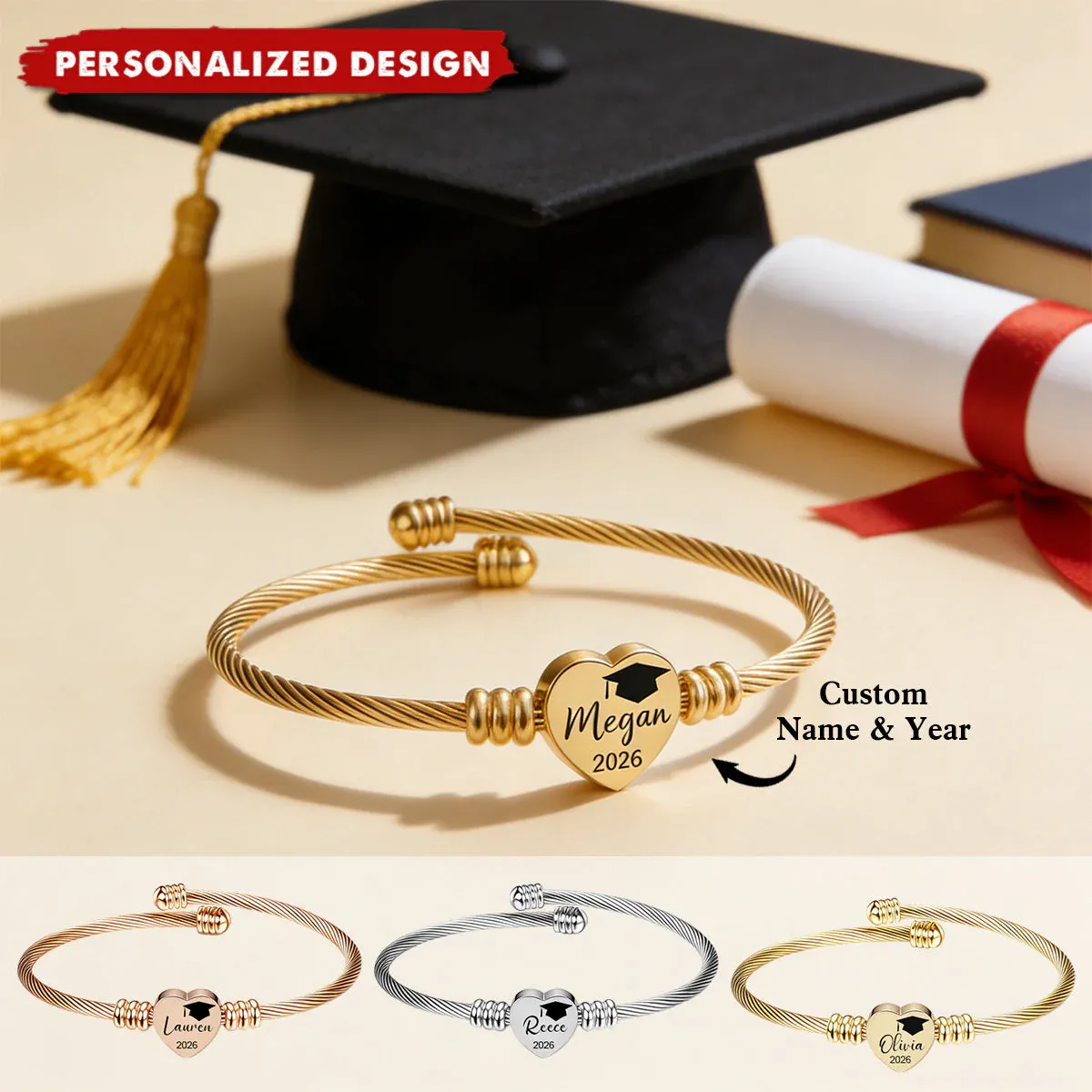 Personalized Graduation Heart Bracelet - Custom Name & Year Gift for Her - MaPhotochaussetteFr