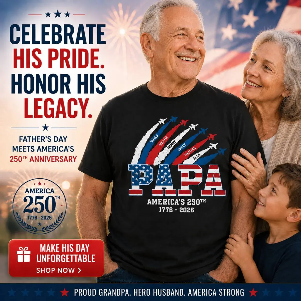 Proud Dad Grandpa Nation Flag American 250th Anniversary - Chemise Personnalisée - Cadeau Cool Pour La Fête Des Pères Pour Papa, Grand-père - MaPhotochaussetteFr