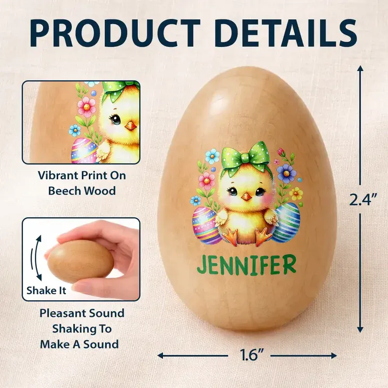 Œuf De Pâques Musical En Bois Personnalisé Avec Nom Et Motif Lapin Et Poule Aquarelle - Hochet Musical En Bois - MaPhotochaussetteFr