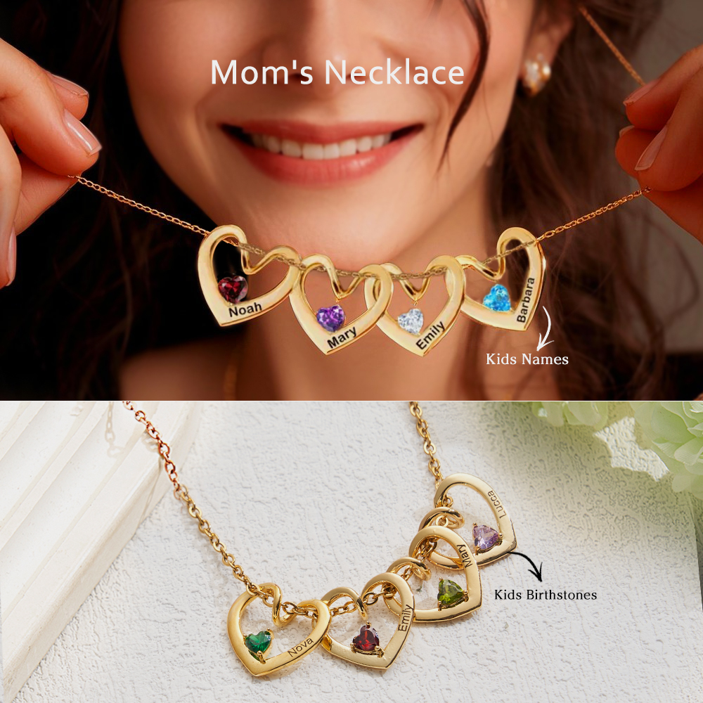 Personalized Heart Name Birthstone Necklace For Mom Grandma
