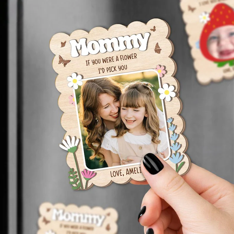Personalized Photo Magnet, Custom Photo Frame Magnet, Custom Flower Picture Magnet, Mom Magnet, Grandma Magnet, Mother's Day Gift