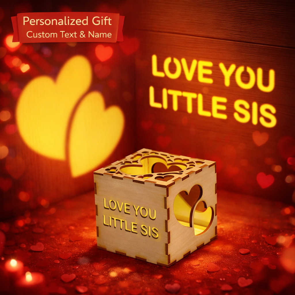 Valentine's Day Personalized Wooden Projection Night Light Cube – Custom Name, Age & Date | Heart Shadow Memory Lamp Gift for Anniversaries 