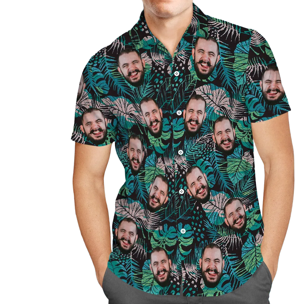 Custom Face Hawaiian Shirt Large Leaves Short Sleeve Shirt Personalized Summer Gift