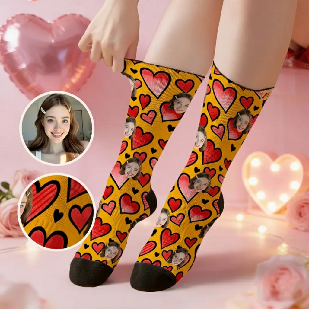 Custom Red Heart Face Socks Personalized Valentine Day Socks with Photo Cute Heart Pattern Couple Gift Idea - MyPhotoSocks