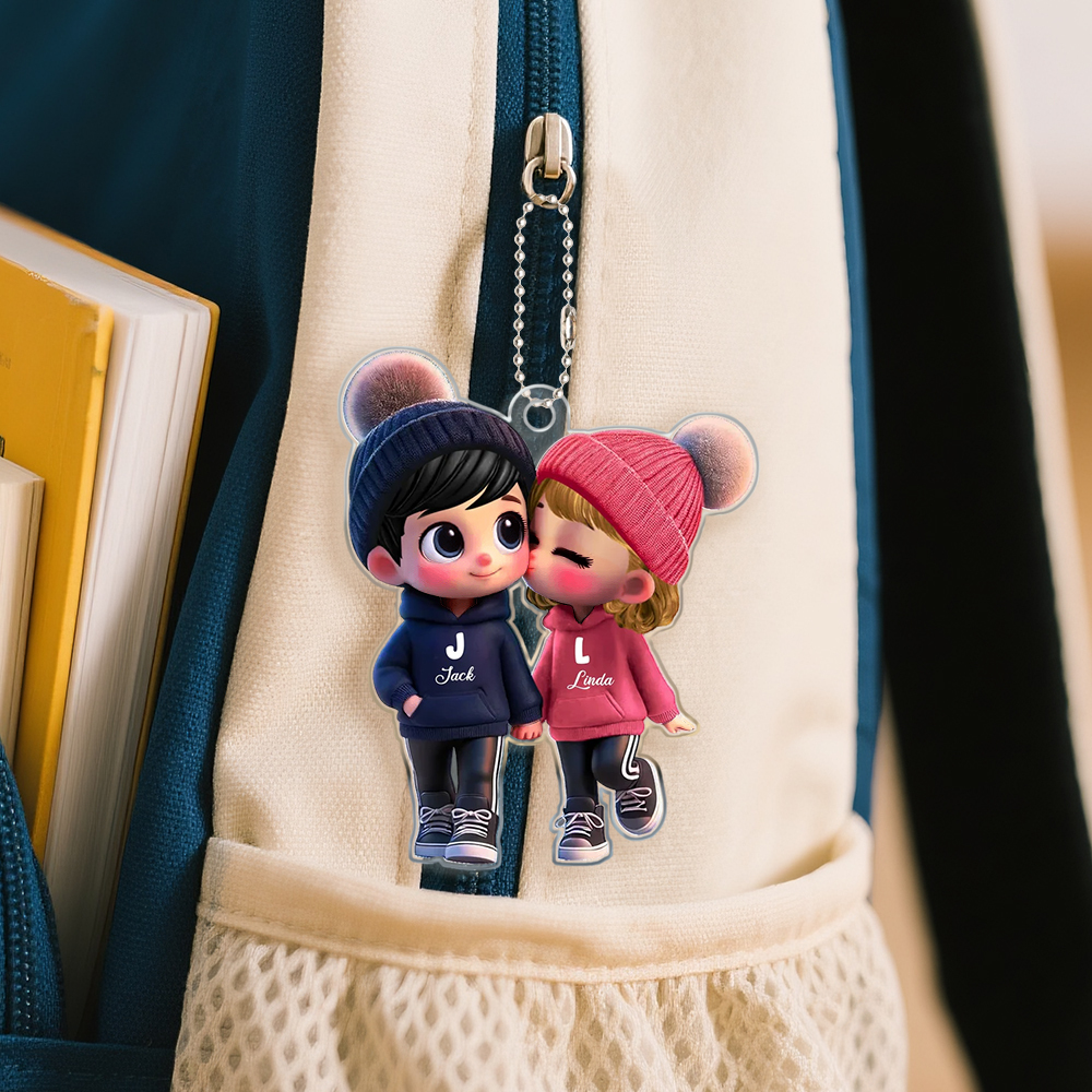 Personalized Acrylic Car Hanger - Cute Couple Kissing Moment - Custom Name Gift for Boyfriend & Girlfriend