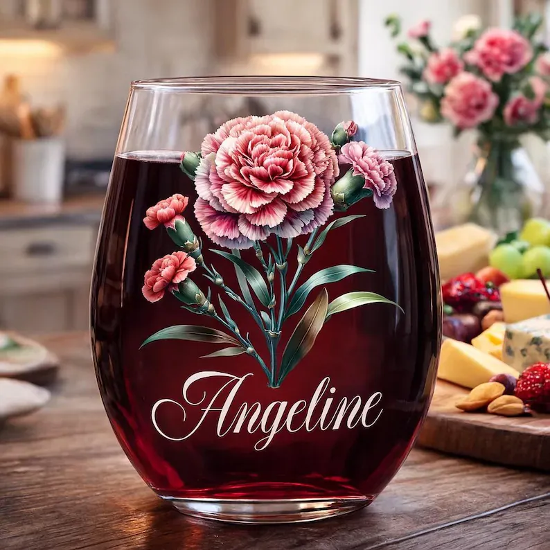 Personalized Birth Flower Wine Glass with Name, Custom Mother's Day Gi