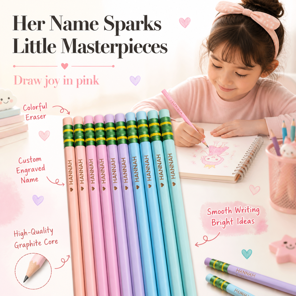 Pastel Gradient Personalized Pencils – Custom Name & Heart Engraving, for Students, Teachers, or Gift Giving