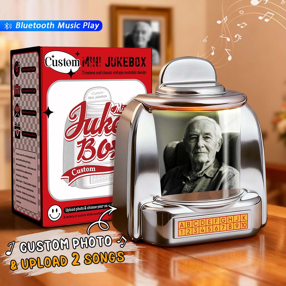 Custom Mini Jukebox Retro Speaker Personalized Photo,Names & Date Music Mini Player with Radio | Vintage Tabletop Home Decor Nostalgic In Memory