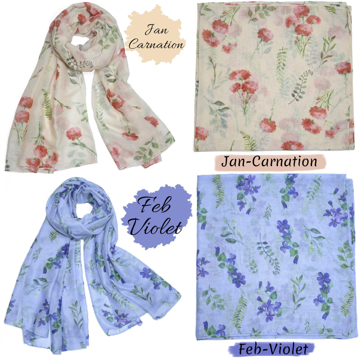 Birth Flower Scarf Birthday Gifts Women Personalized Custom Name Anniversary Gifts Carnation Birth Month Flower Scarf Shawl Mom Wife Grandma