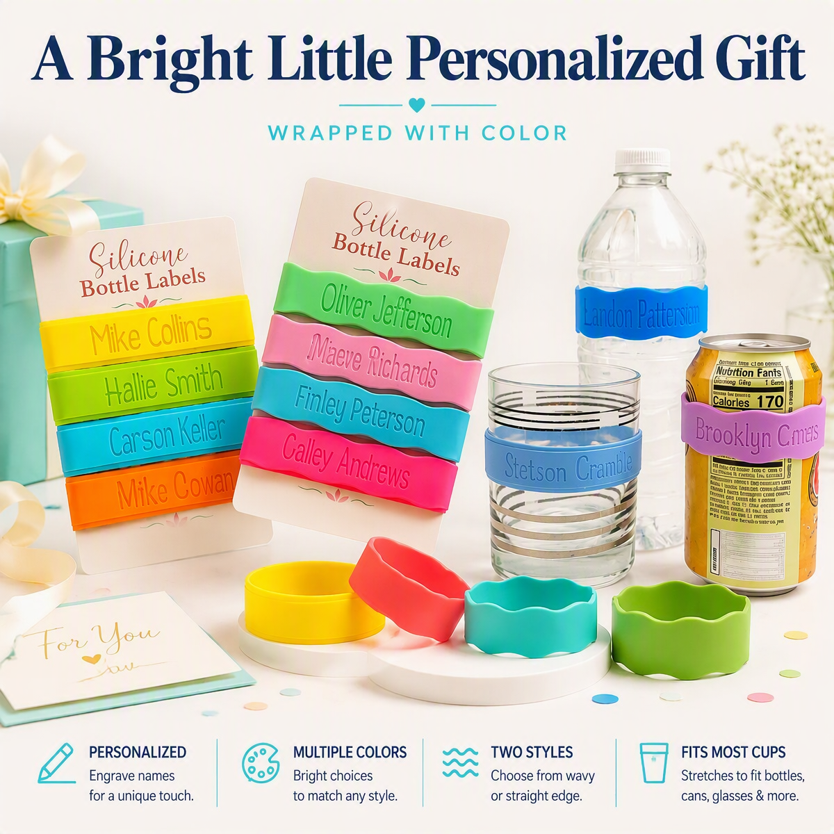 Wavy Waterproof Bands, Silicone Reusable Name Label for Bottles, Cups, Tumblers, Thermos, Water & Baby Bottle Labels, Daycare and School