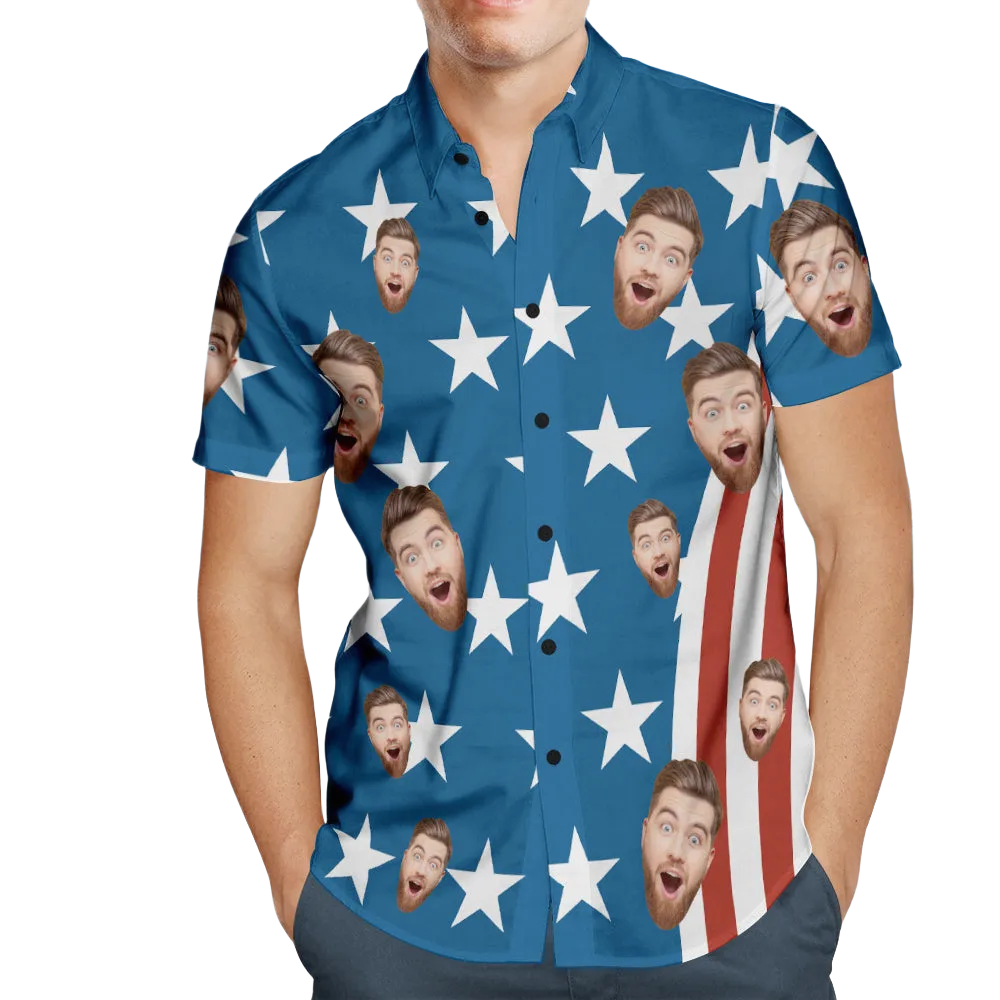 Custom Face Men's Hawaiian Shirts 4th of July American Flag Patriotic Memorial Day Hawaiian Shirts