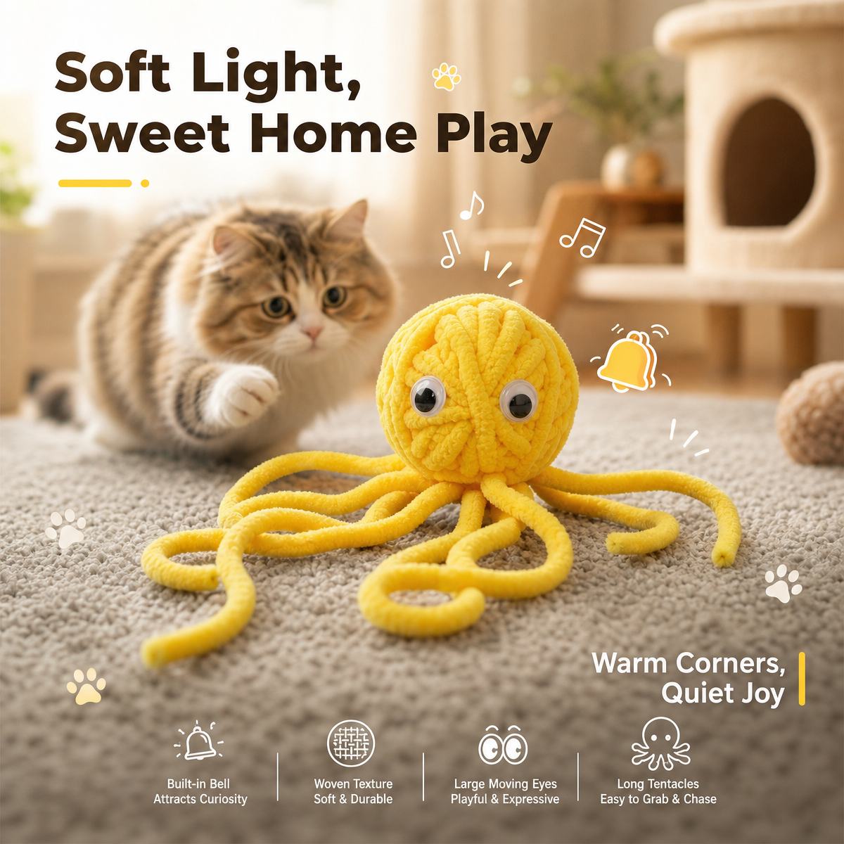 Handmade Chenille Octopus Cat Toy with Bell - Interactive Kitten Gift