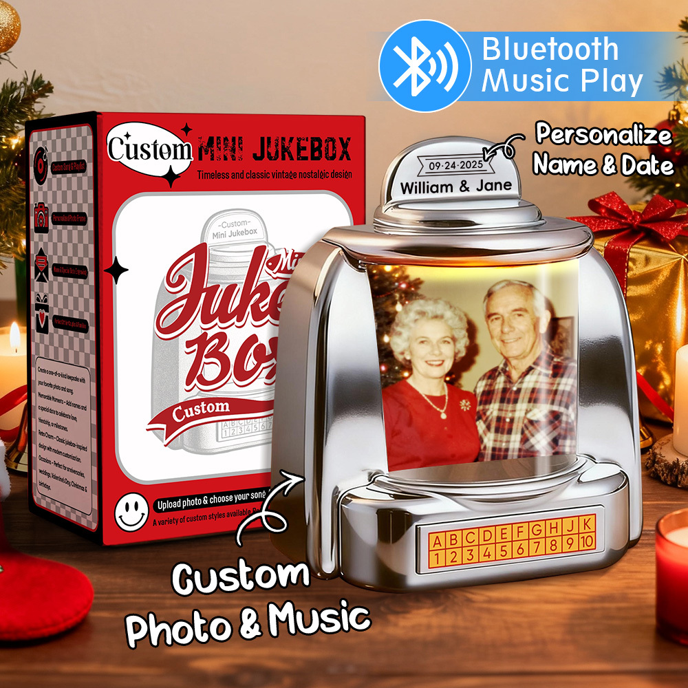 Custom Mini Jukebox Retro Speaker – Personalized Photo & 2 Songs Mini Player with Radio | Vintage Tabletop Home Decor Nostalgic Gift 