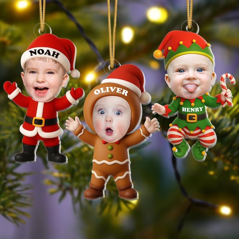 Personalized Baby's First Christmas Acrylic Ornament: Photo Santa, Elf & Gingerbread Design