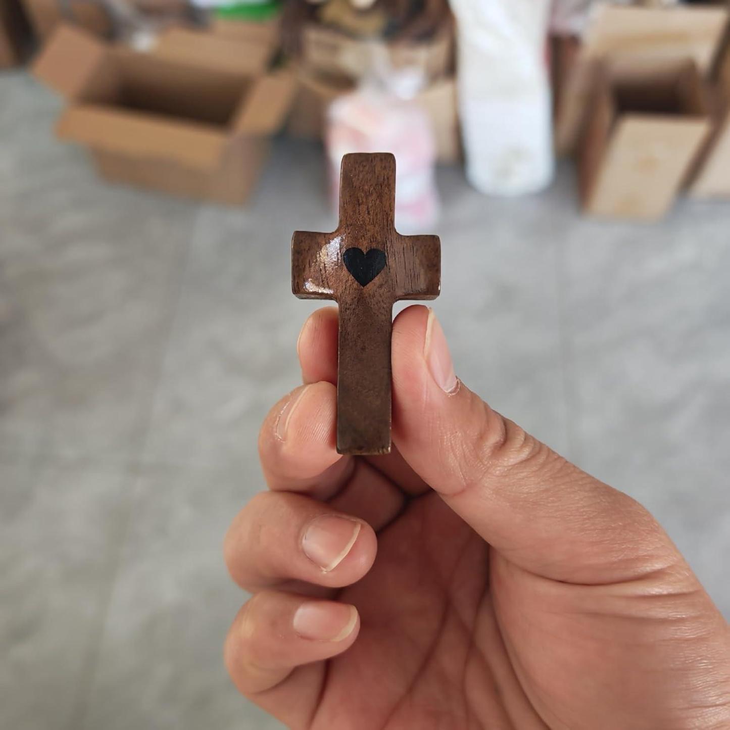 Handcrafted Black Walnut Cross with Heart Design, 9-Piece Set, Wooden Prayer Holder