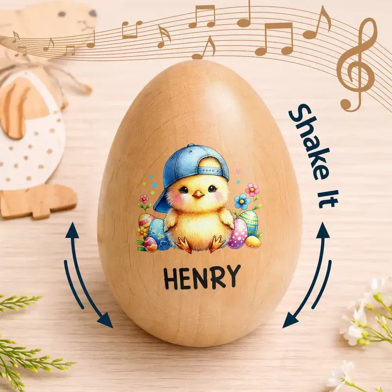 Custom Name With Watercolor Bunny Chicken - Personalized Musical Wooden Easter Egg Shaker