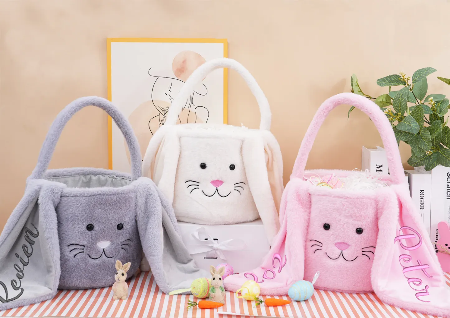 Personalized Plush Easter Basket,Embroidered Easter Bucket,Kids Bunny Basket with Name,Custom Easter Bag,Easter Gift for Kids Girls Boys