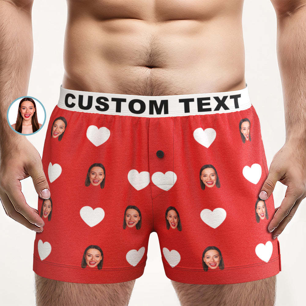 Custom Face Red Heart Design Boxer Shorts with Personalized Text on the Waistband Personalized Underwear for Him - MyPhotoSocks