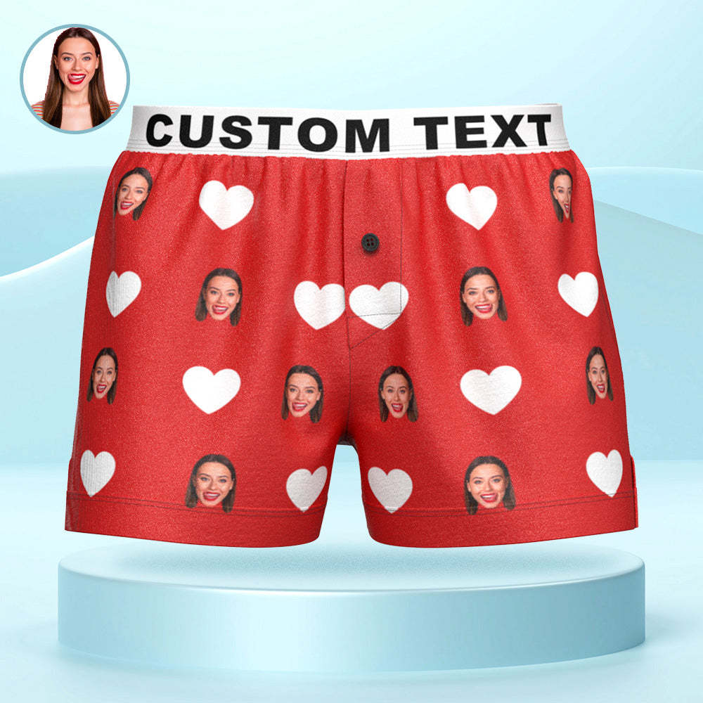 Custom Face Red Heart Design Boxer Shorts with Personalized Text on the Waistband Personalized Underwear for Him - MyPhotoSocks