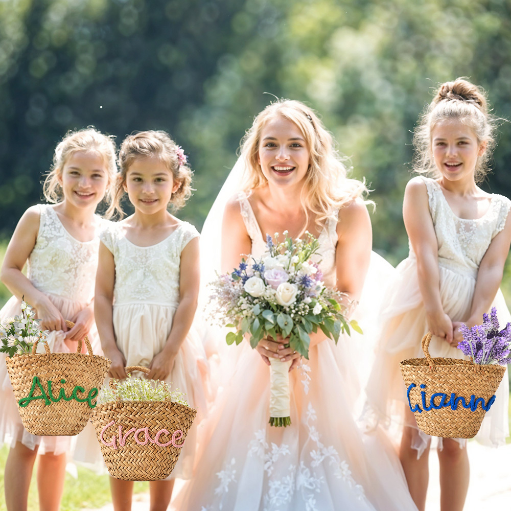 Personalized Embroidered Name Bags Straw Basket Bridal Shower Bags Customized Straw Bags Custom Beach Bag Straw Tote - MyPhotoSocks