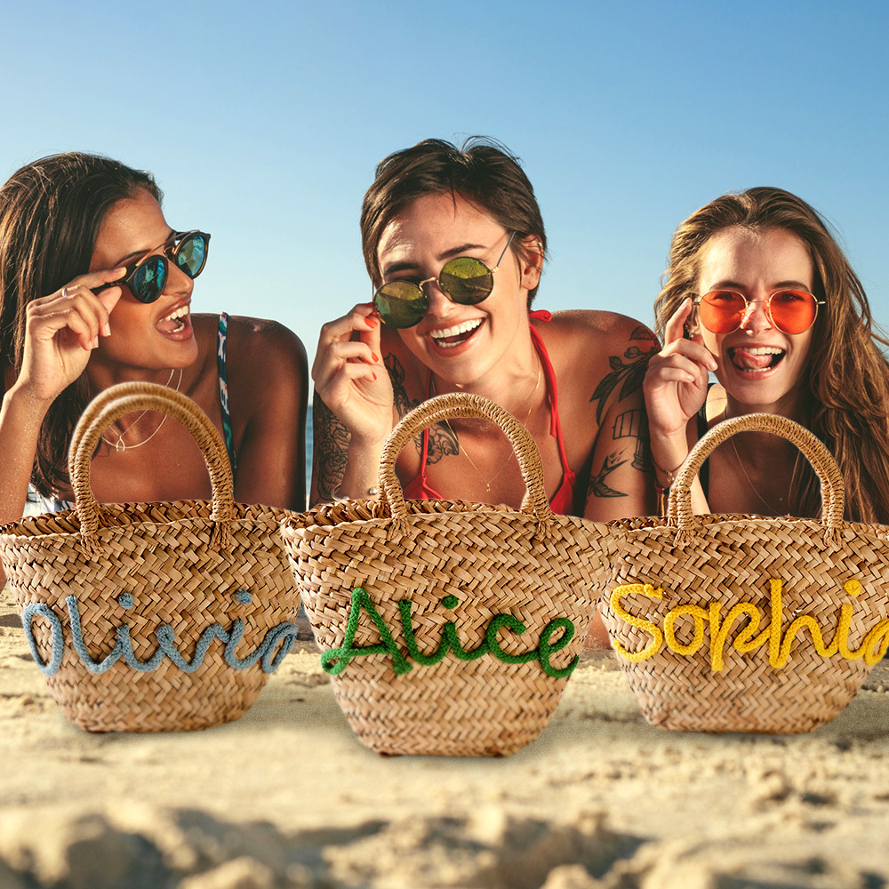 Personalized Embroidered Name Bags Straw Basket Bridal Shower Bags Customized Straw Bags Custom Beach Bag Straw Tote - MyPhotoSocks