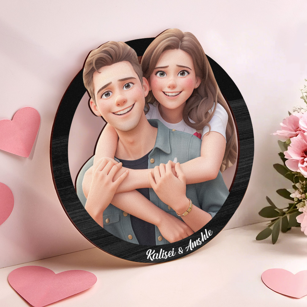 Couple Gifts for Valentine Custom Photo 3D Cartoon Portrait Gift Photo Frame, Cartoon Style 3D Photo Wooden Frame Sign, Wedding Anniversary Gift - MyPhotoSocks