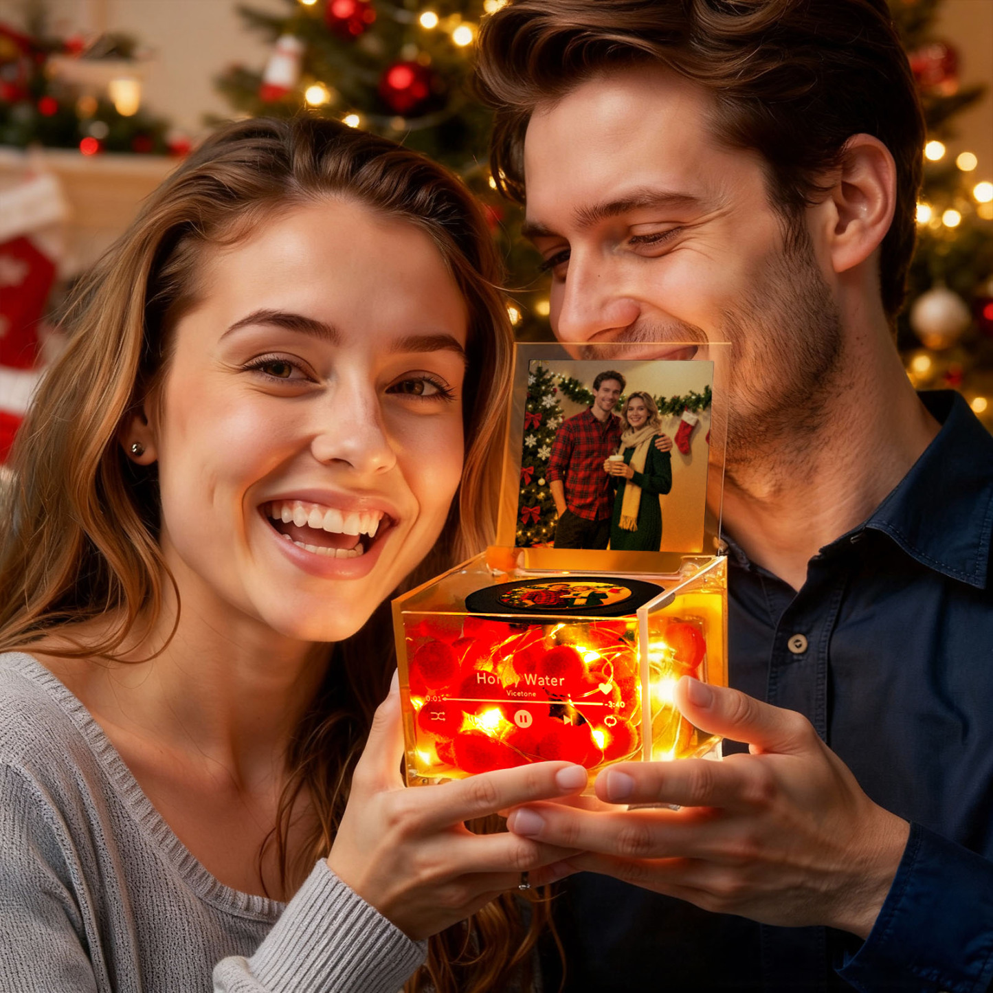 Custom Mini Vinyl Record Player Custom Red Heart Flower Style Photo Engraved Anniversary Gift for Couples