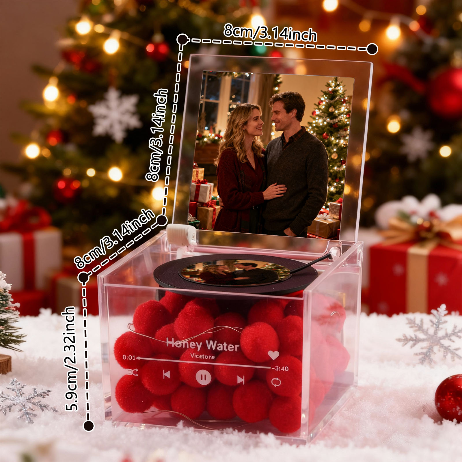 Custom Mini Vinyl Record Player Custom Red Heart Flower Style Photo Engraved Anniversary Gift for Couples ristmas Present