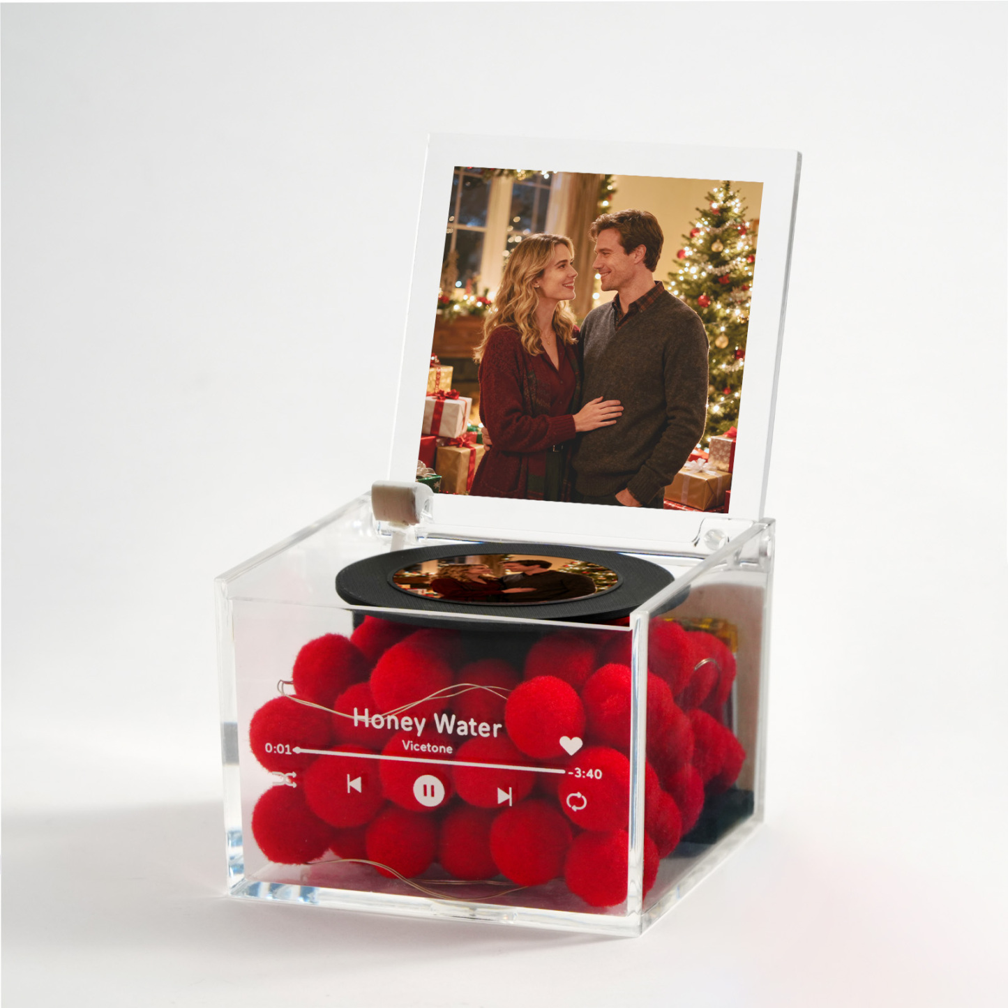 Custom Mini Vinyl Record Player Custom Red Heart Flower Style Photo Engraved Anniversary Gift for Couples