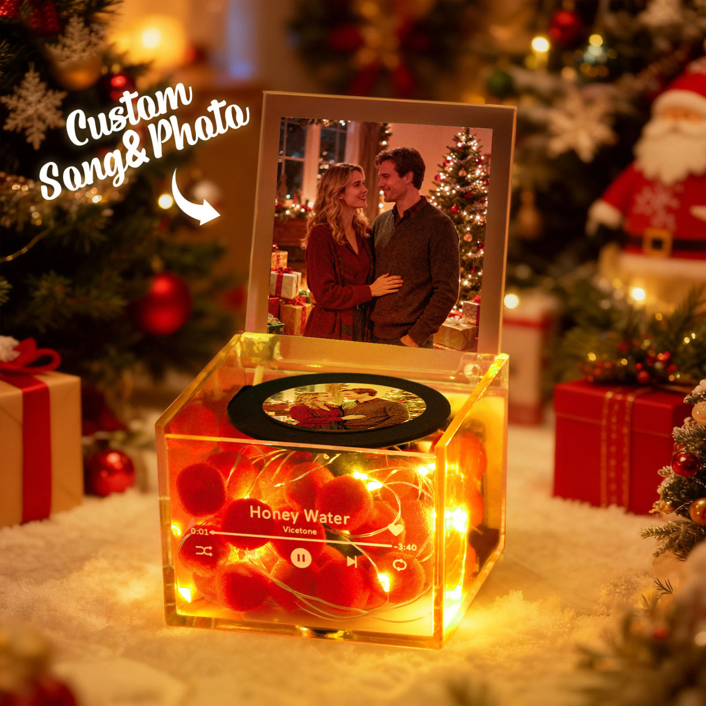 Custom Mini Vinyl Record Player Custom Red Heart Flower Style Photo Engraved Anniversary Gift for Couples