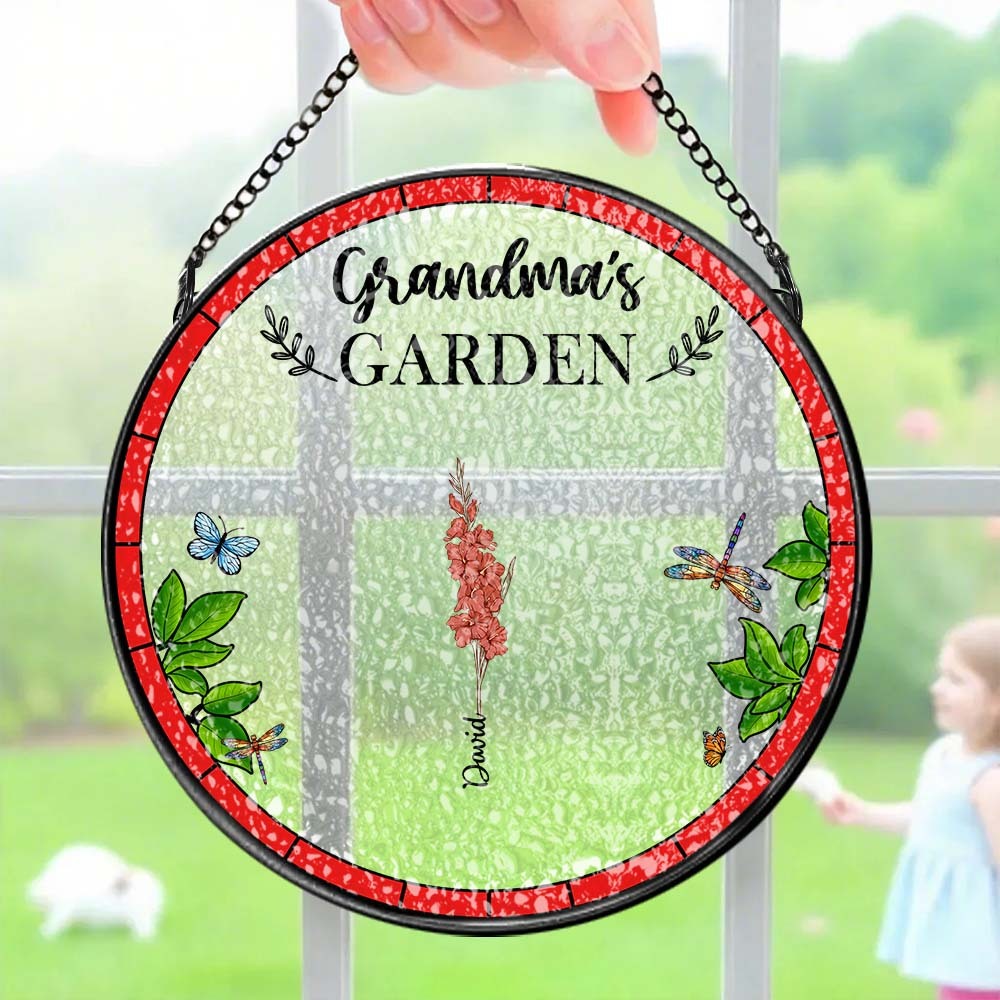 Birth Flower Grandma's Garden - Personalized Stained Glass Window Hanging Suncatcher - MyPhotoSocks