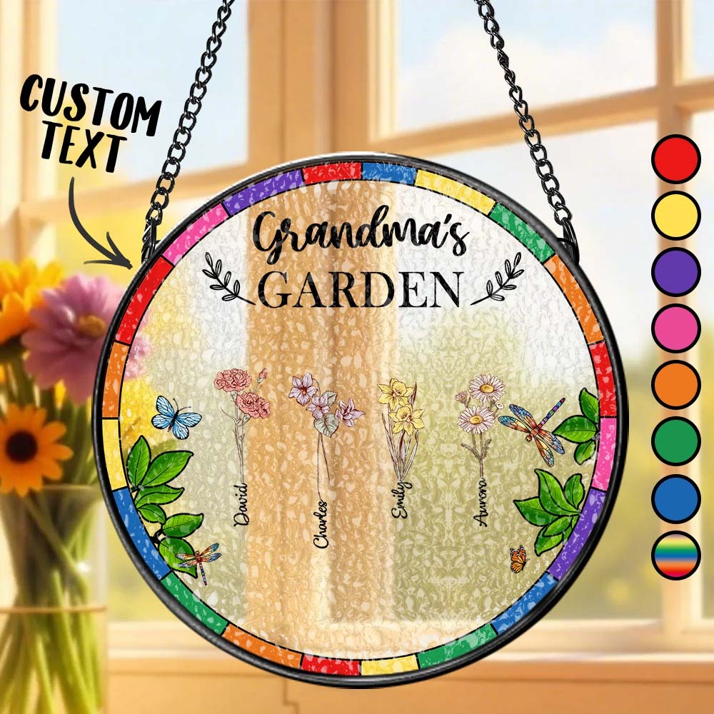Birth Flower Grandma's Garden - Personalized Stained Glass Window Hanging Suncatcher - MyPhotoSocks