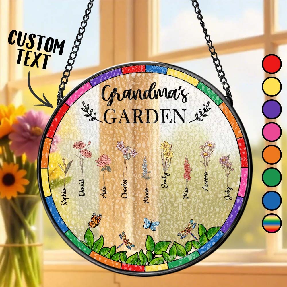Birth Flower Grandma's Garden - Personalized Stained Glass Window Hanging Suncatcher - MyPhotoSocks