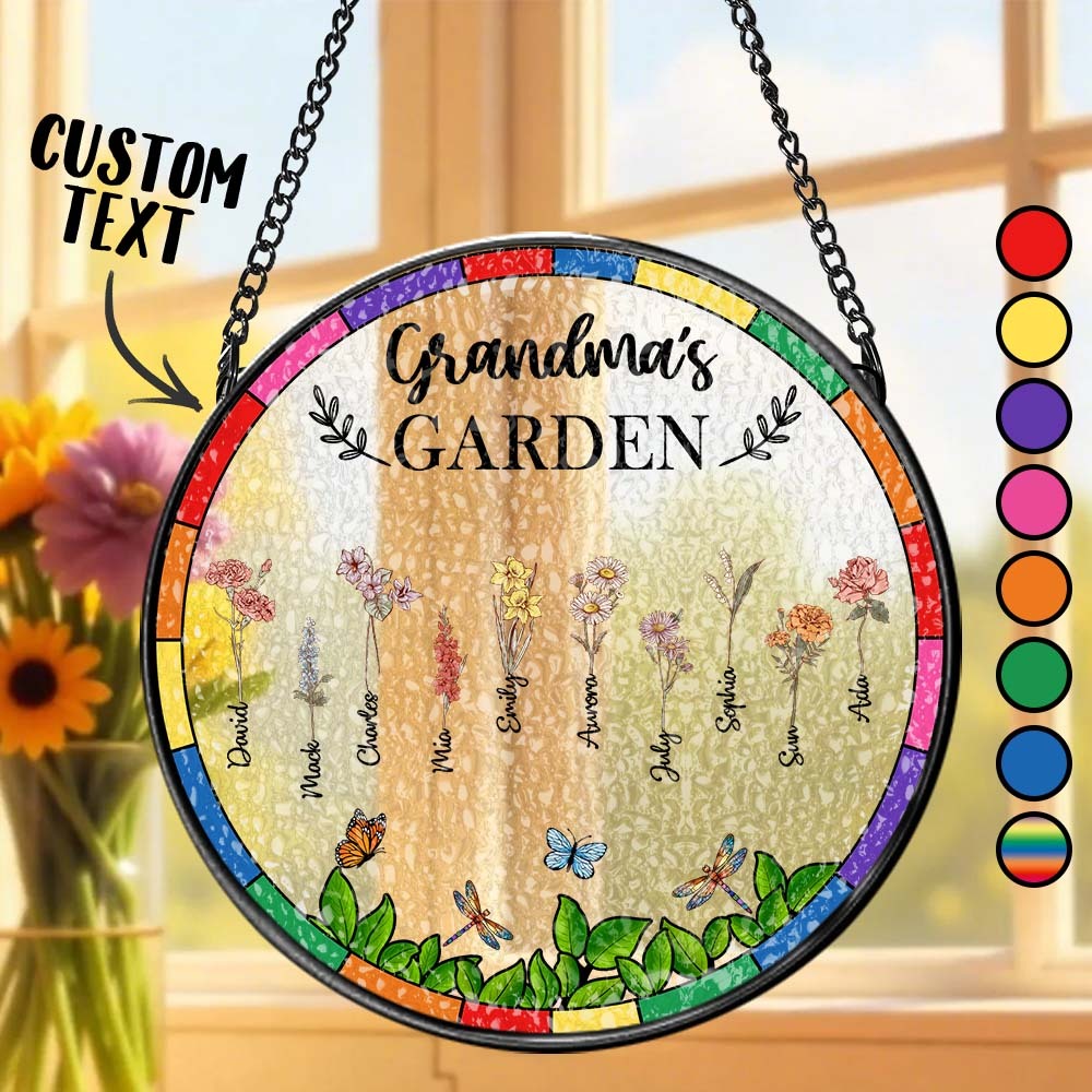 Birth Flower Grandma's Garden - Personalized Stained Glass Window Hanging Suncatcher - MyPhotoSocks