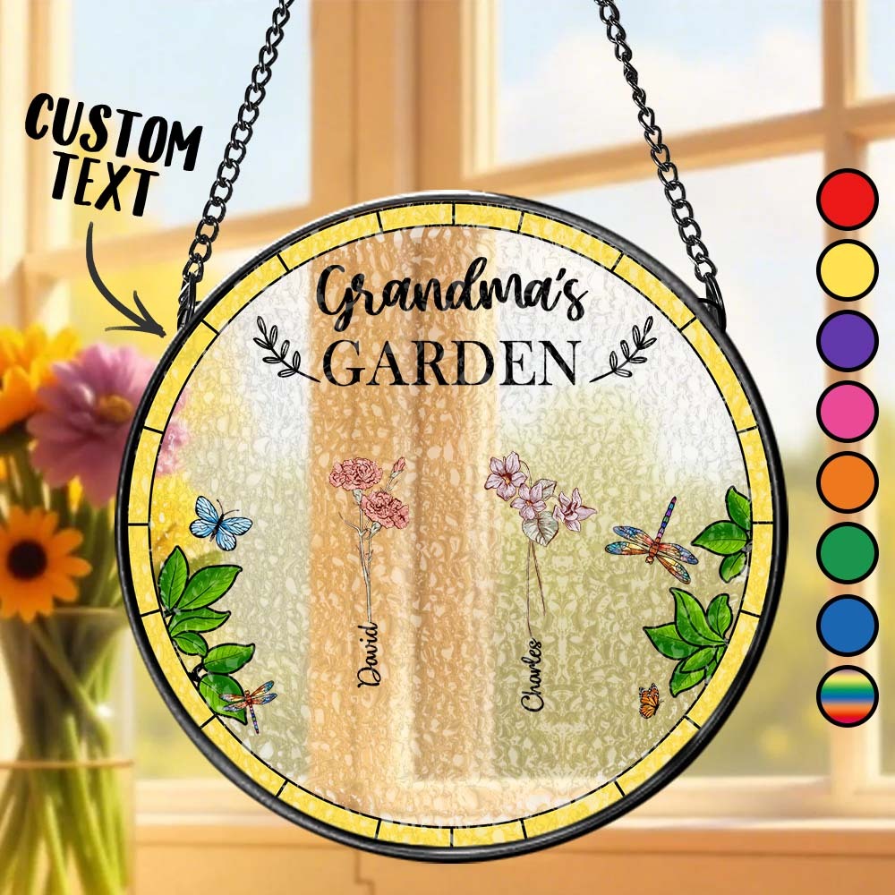 Birth Flower Grandma's Garden - Personalized Stained Glass Window Hanging Suncatcher - MyPhotoSocks