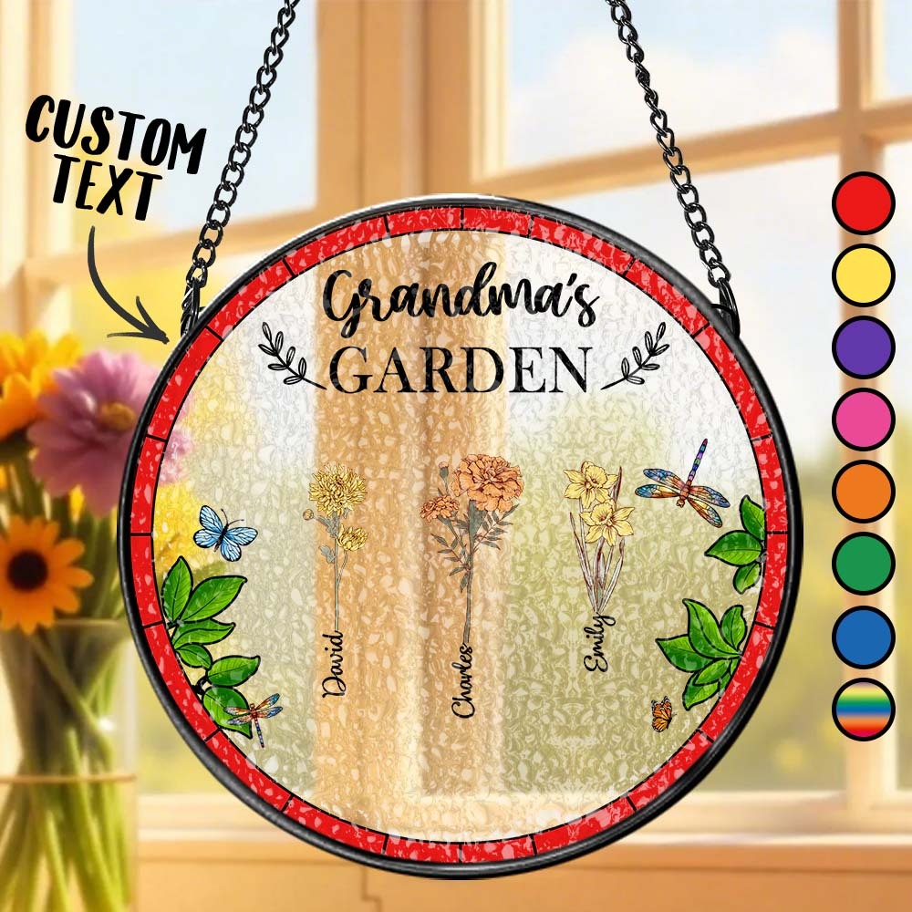 Birth Flower Grandma's Garden - Personalized Stained Glass Window Hanging Suncatcher - MyPhotoSocks