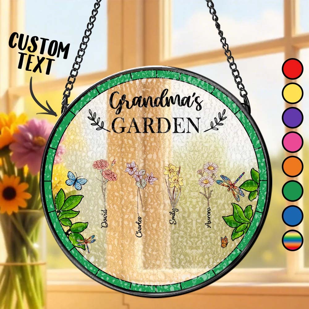 Birth Flower Grandma's Garden - Personalized Stained Glass Window Hanging Suncatcher - MyPhotoSocks