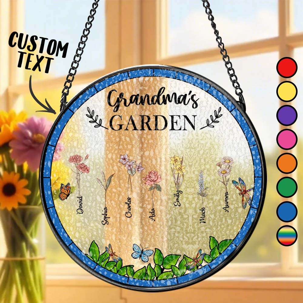 Birth Flower Grandma's Garden - Personalized Stained Glass Window Hanging Suncatcher - MyPhotoSocks