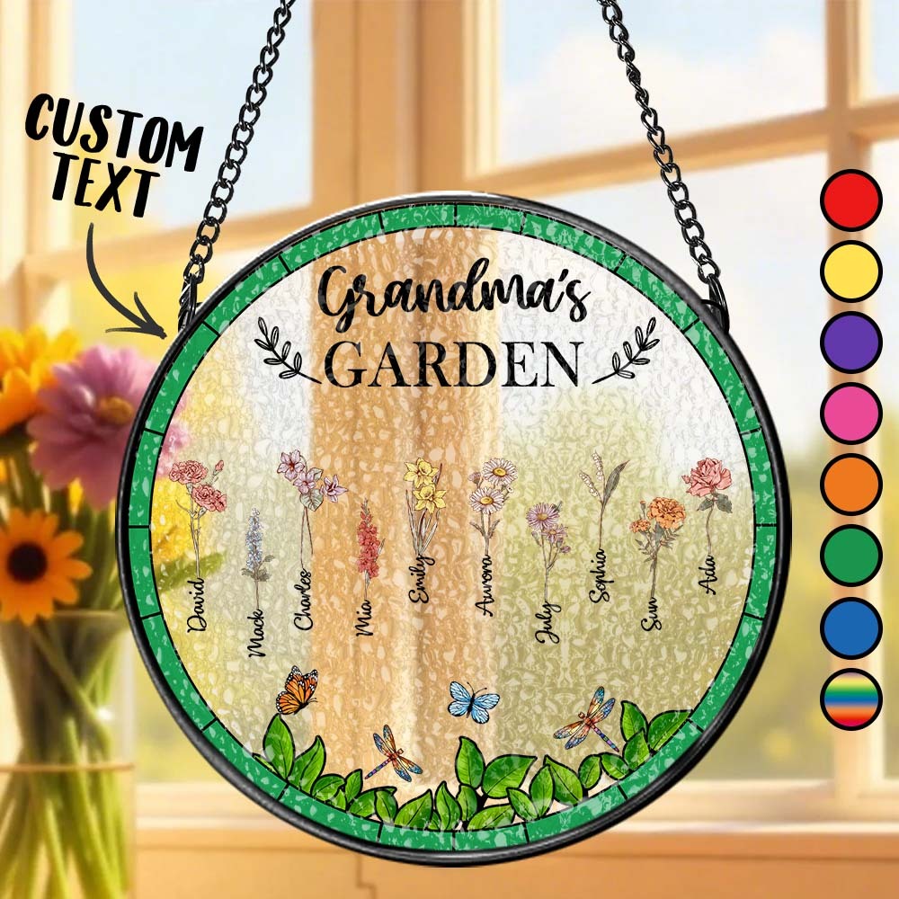 Birth Flower Grandma's Garden - Personalized Stained Glass Window Hanging Suncatcher - MyPhotoSocks