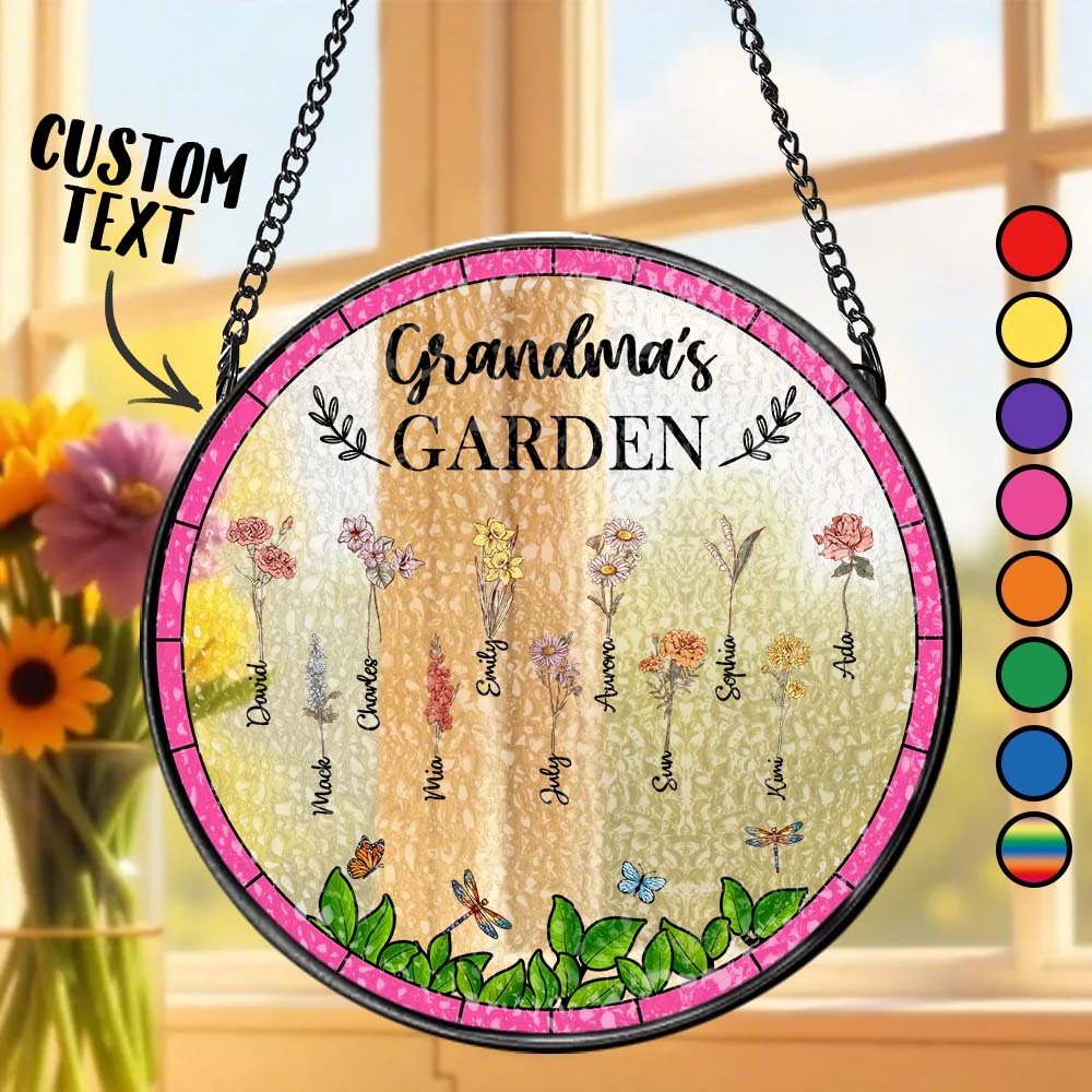 Birth Flower Grandma's Garden - Personalized Stained Glass Window Hanging Suncatcher - MyPhotoSocks