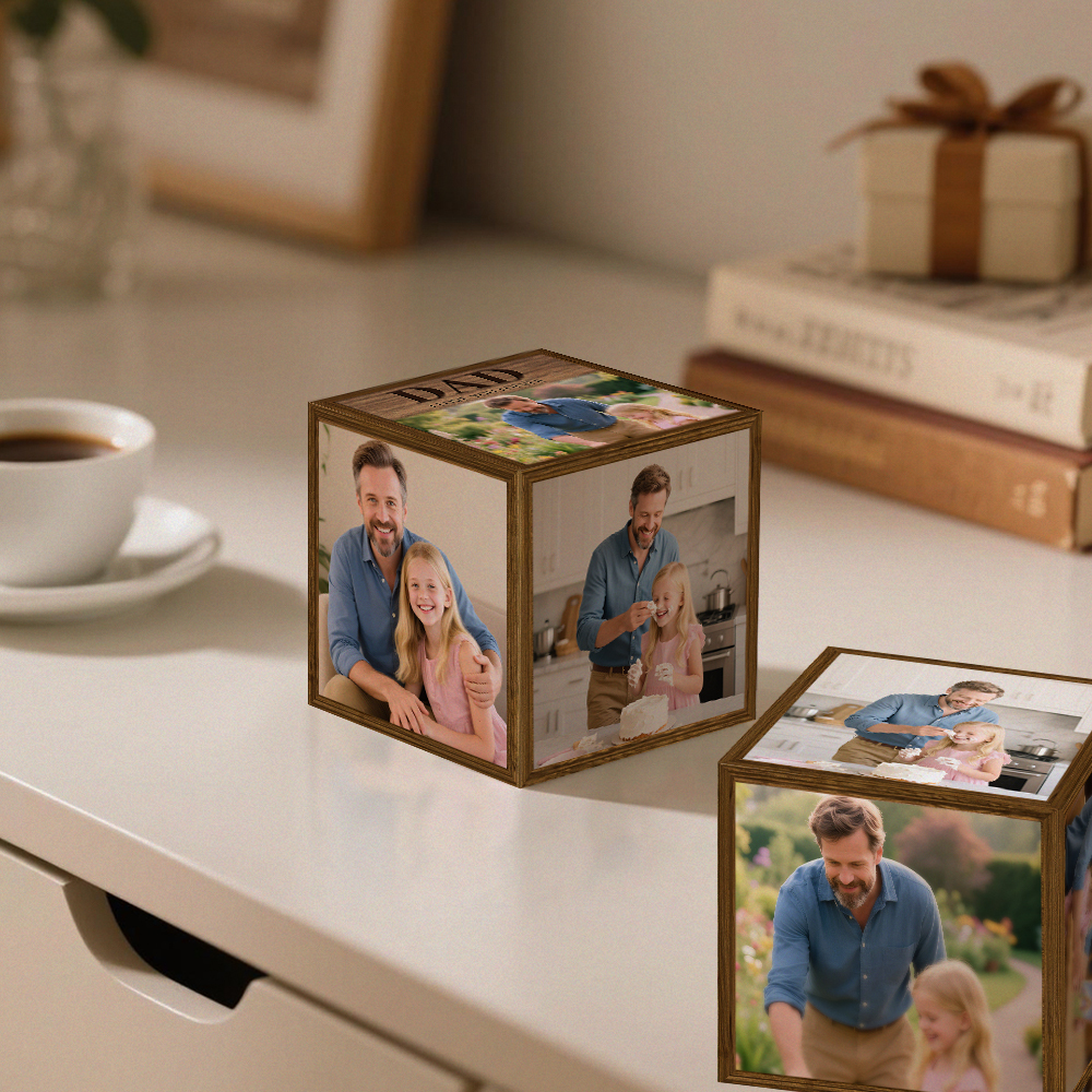 Personalized Wooden Photo Cube – Happy Father's Day Gift for Dad