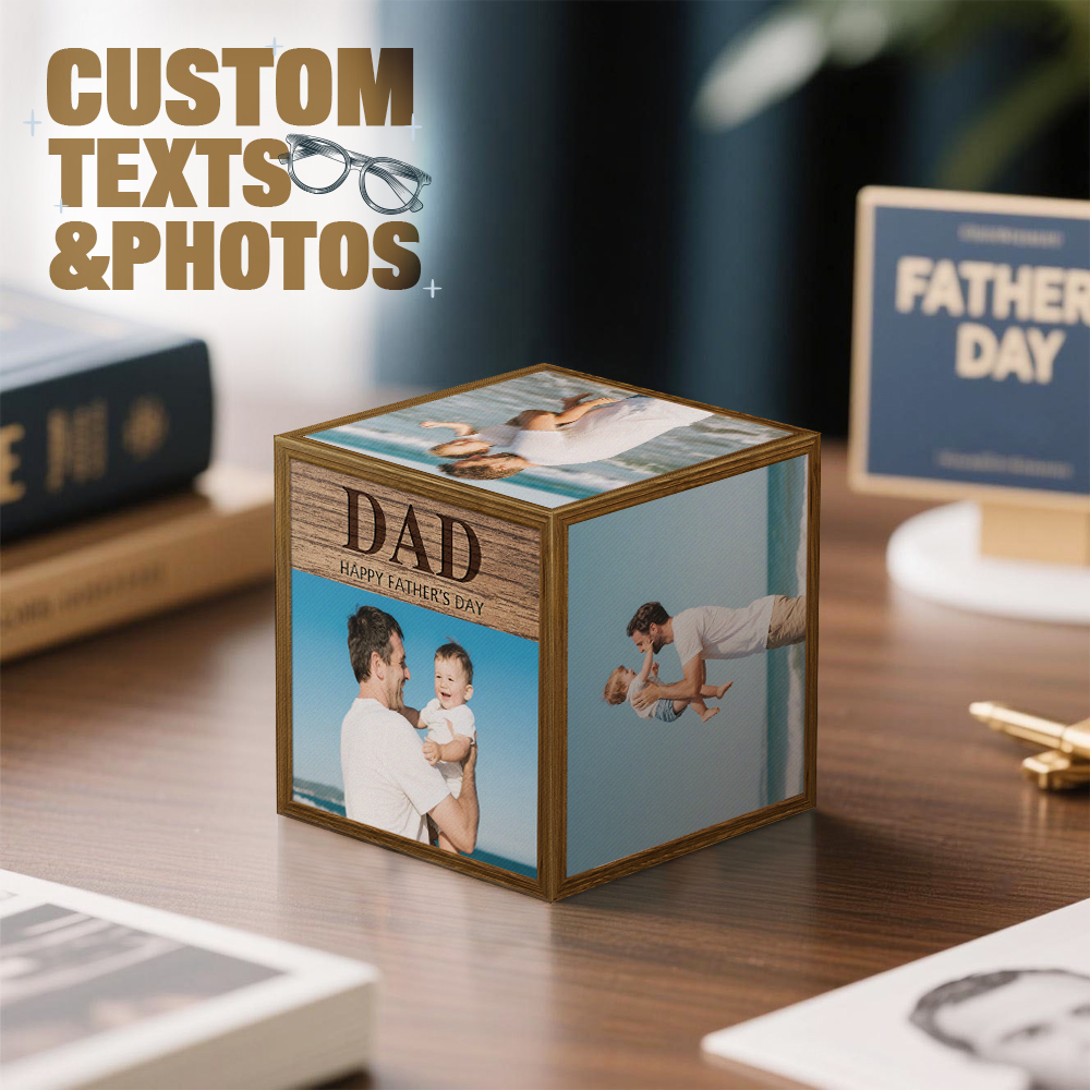 Personalized Wooden Photo Cube – Happy Father's Day Gift for Dad