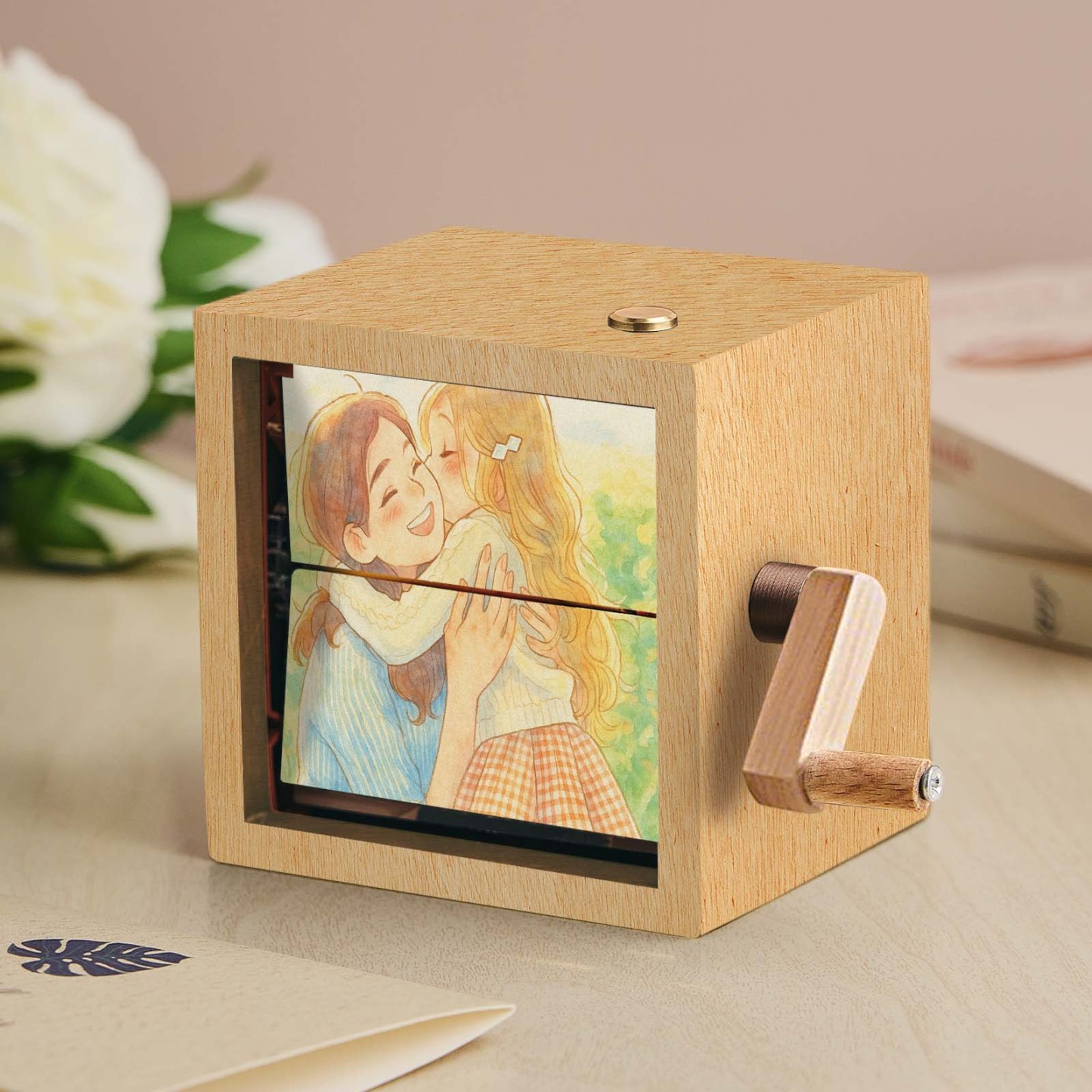 Custom Anime Hand-Crank Flipbook Box Mechanical Hand-cranked Photo Album with Light Walnut Baby Photo Cube Frame Creative Gift