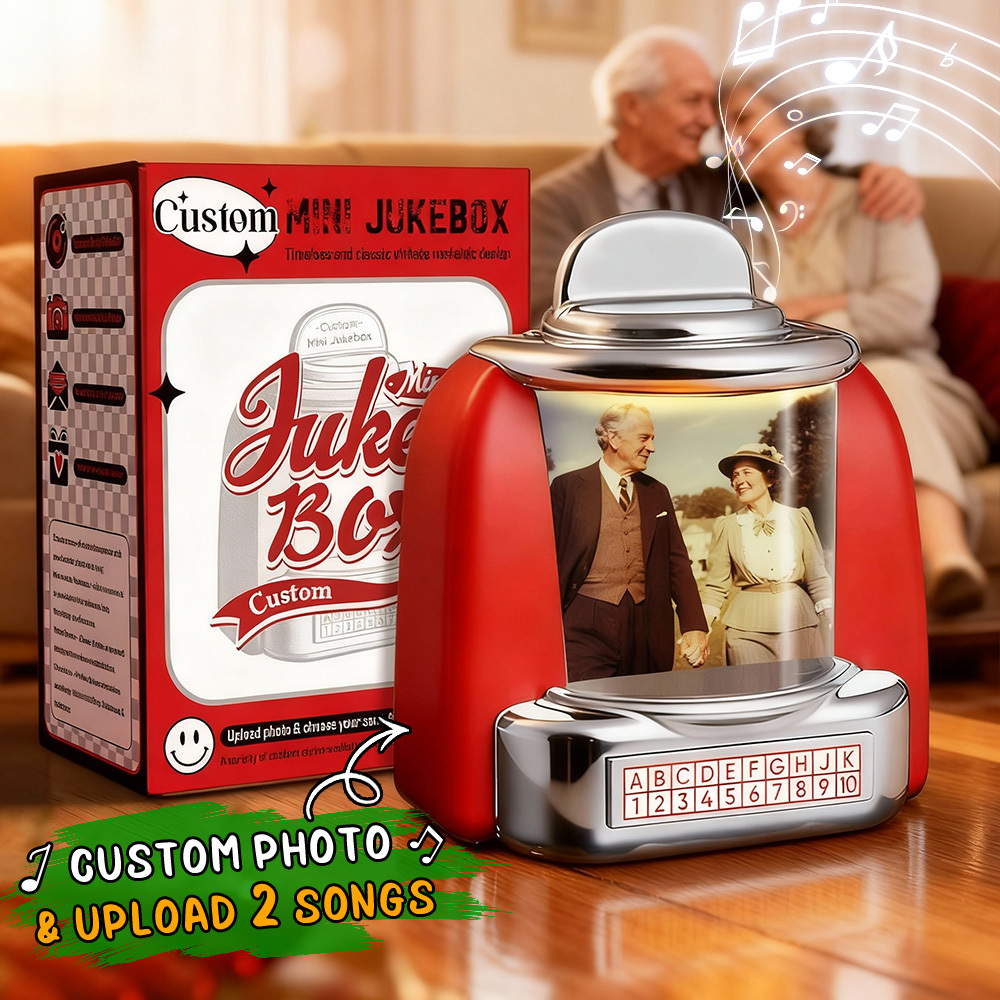 Custom Mini Jukebox Retro Speaker Parents’ Memory Version Personalized Photo,Names & Date Music Mini Player with Radio | Vintage Tabletop Home Decor Nostalgic Christmas Retro Gifts