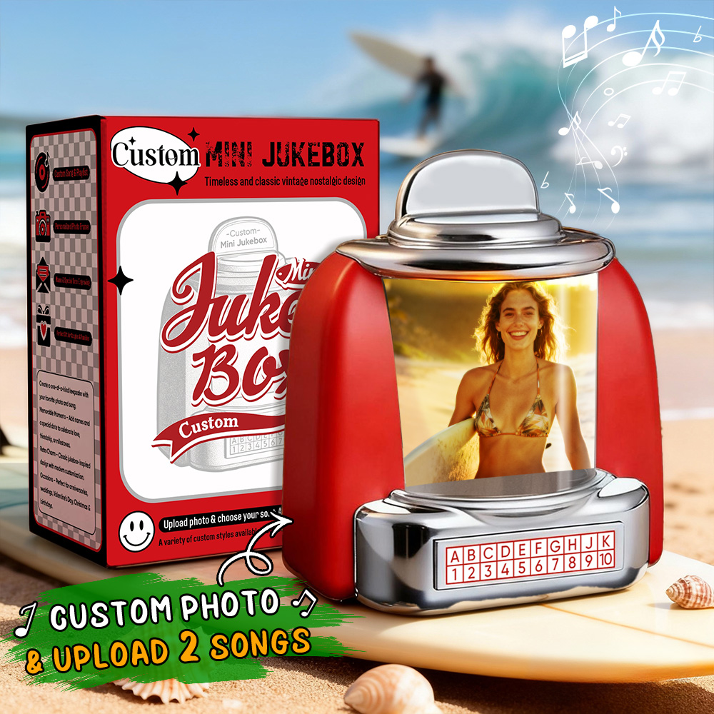 Custom Mini Jukebox Retro Speaker Beach Style Personalized Photo,Names & Date Music Mini Player with Radio | Vintage Tabletop Home Decor Nostalgic