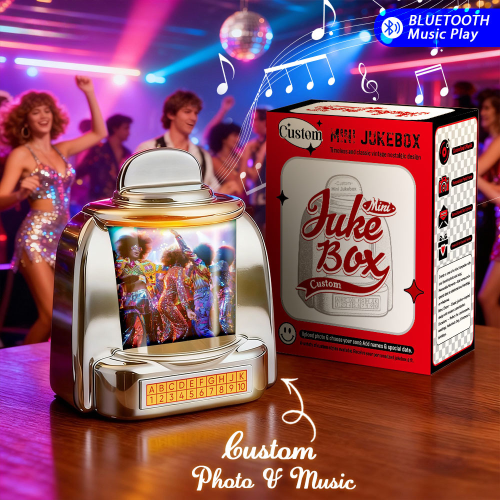 Custom 70s Disco Fever Vintage Mini Jukebox Speaker Personalized Retro Bluetooth Photo Music Player 
