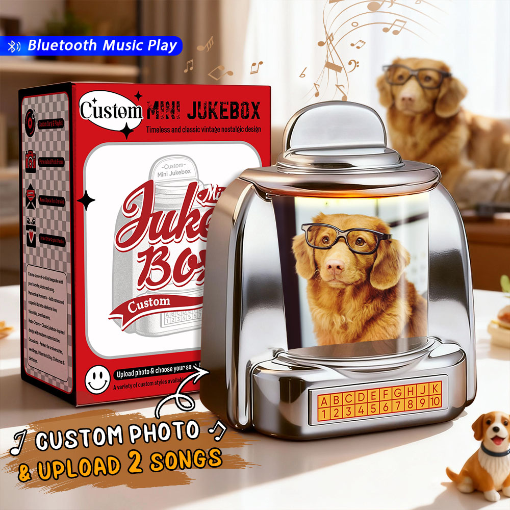 Custom Mini Jukebox Retro Speaker Personalized Pet Memory Photo,Names & Date Music Mini Player with Radio | Vintage Tabletop Home Decor Nostalgic Christmas Retro Gifts