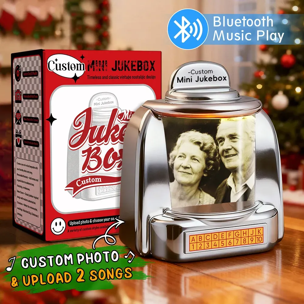 Custom Mini Jukebox Retro Speaker – Personalized Photo,Names & Date Music Mini Player with Bluetooth Music Radio | Vintage Tabletop Home Decor Nostalgic Gift 