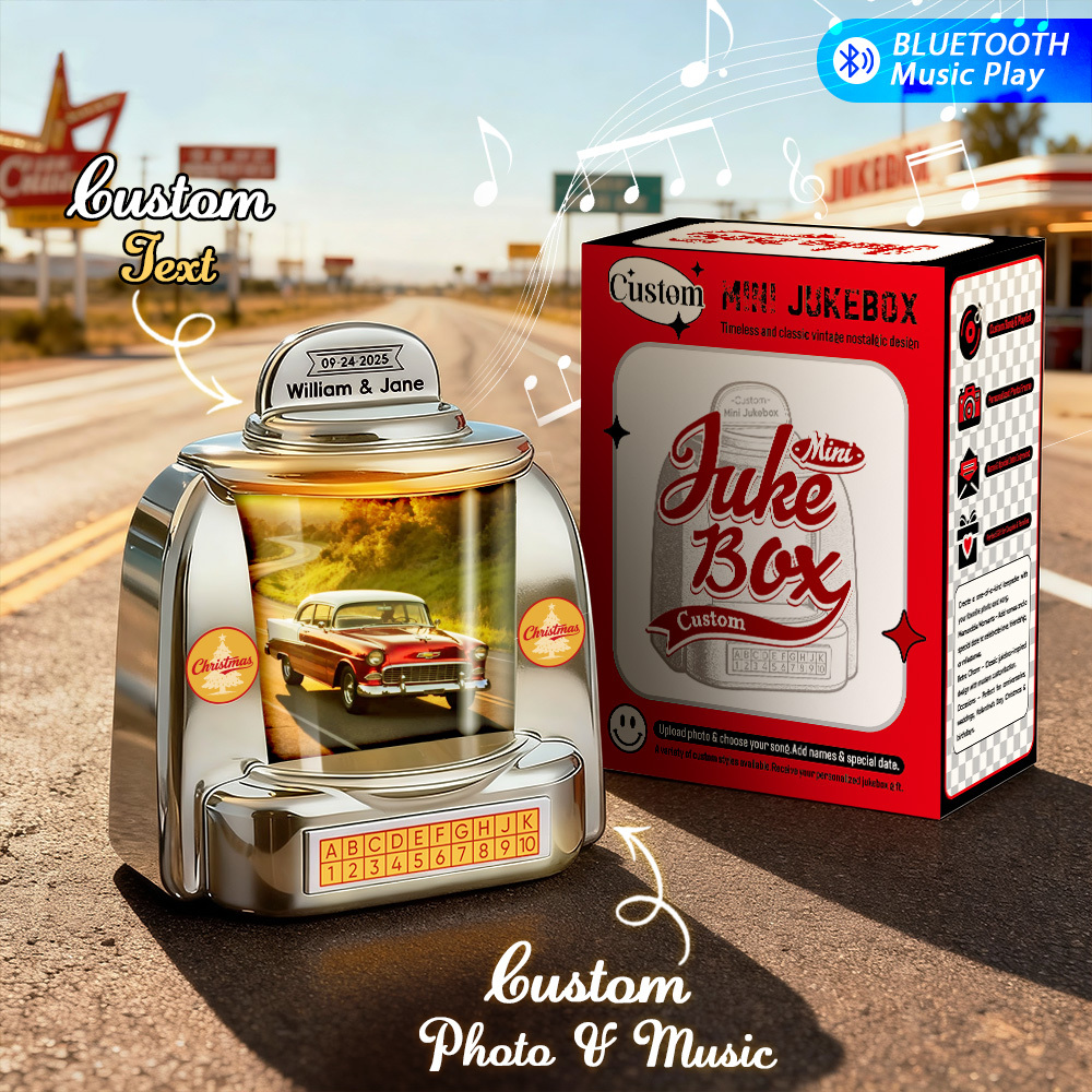 Custom Vintage Mini Jukebox Speaker Personalized Road Trip Retro Bluetooth Photo Music Player