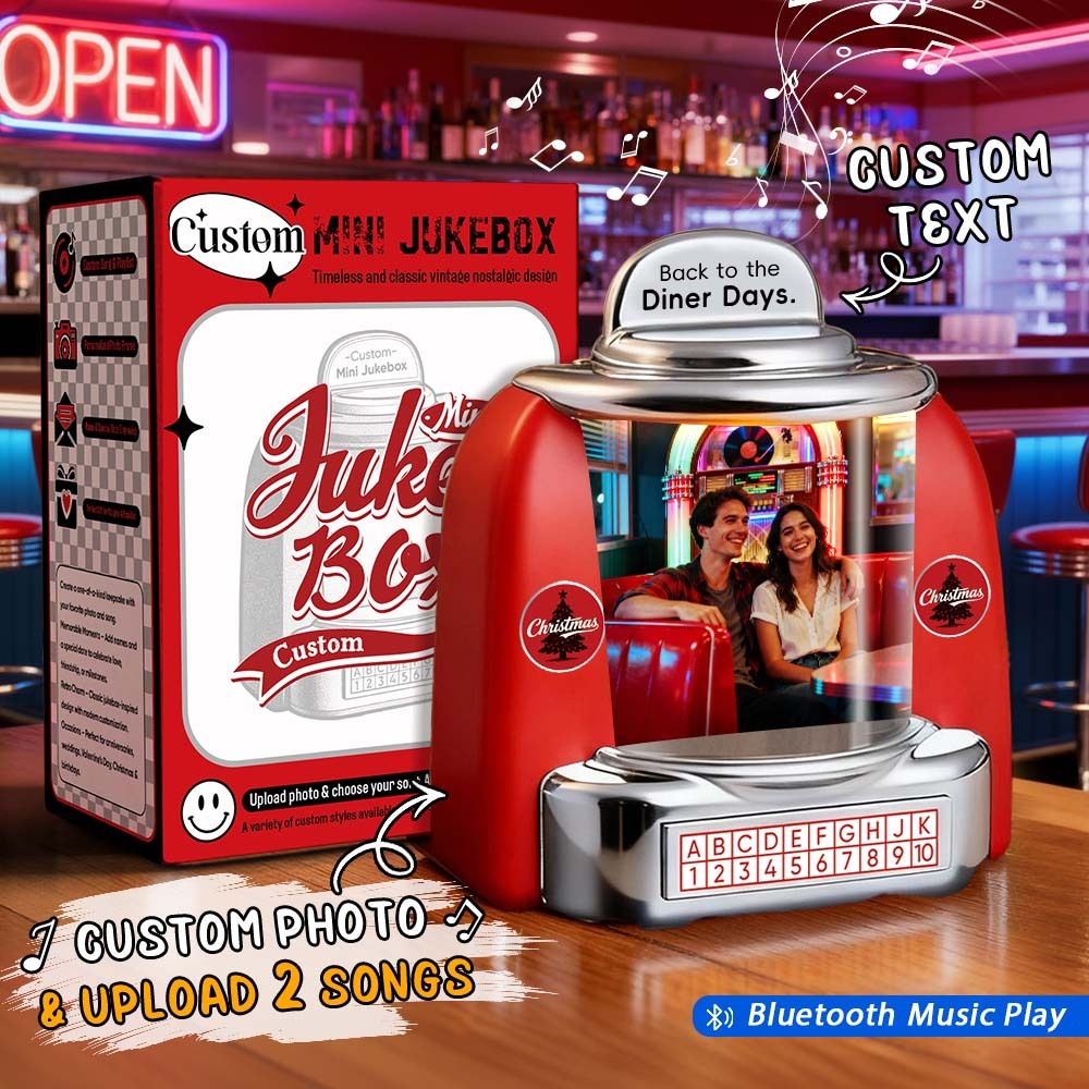 Custom 50s Diner Style Vintage Mini Jukebox Speaker Personalized Retro Bluetooth Photo Music Player 